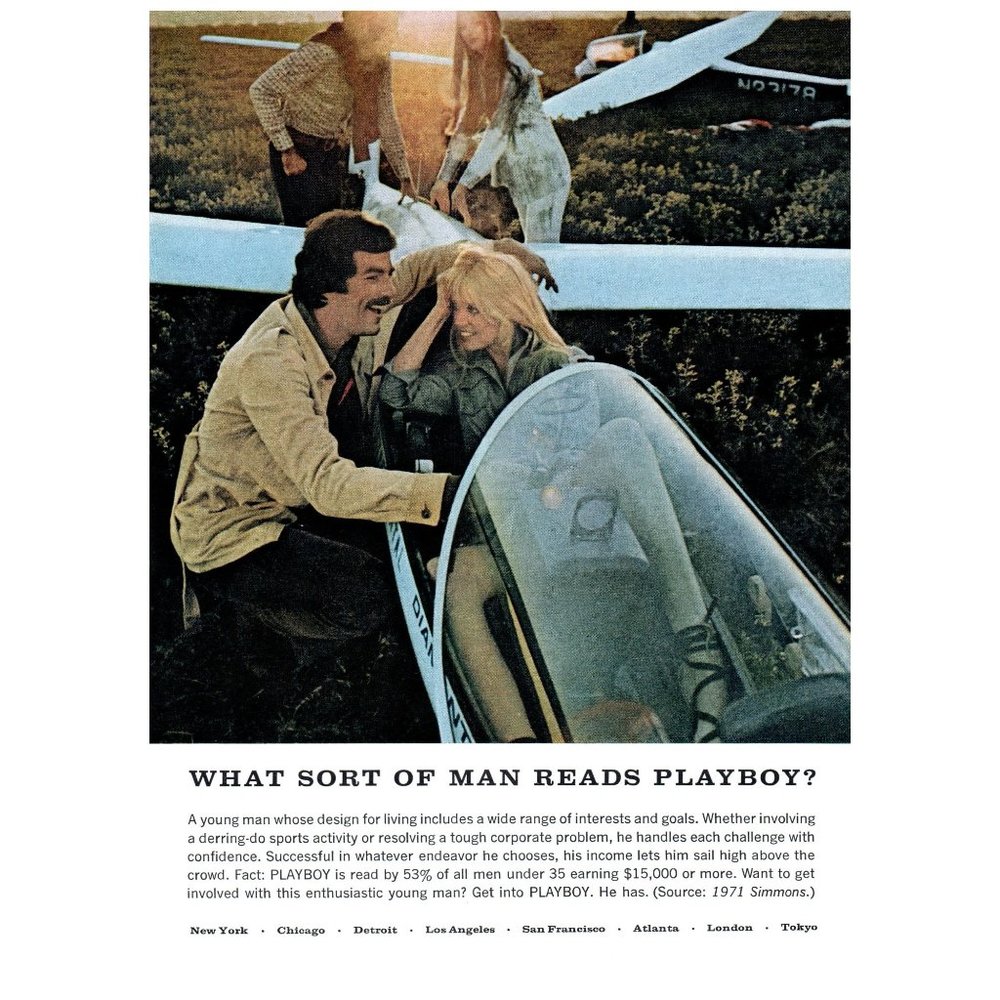 1972 What Sort of Man Reads Playboy Vintage Print Ad Glider Flying Blonde Art